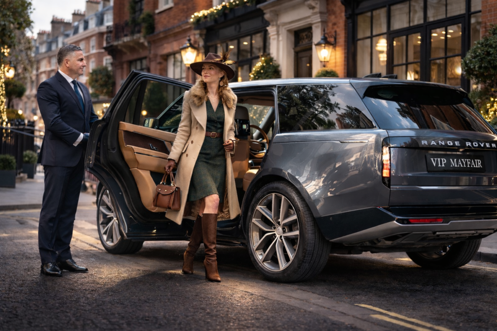 VIP-Mayfair-chauffeur-Cheltenham VIP Mayfair chauffeur assists a lady in Cheltenham attire