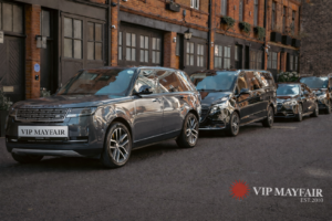 VIP Mayfair luxury chauffeur fleet on standby in London, including a Range Rover, Mercedes van and executive cars available for disposal hire.