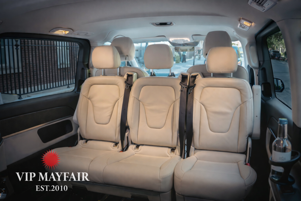 Spacious V-Class interior designed for comfortable group travel with VIP Mayfair’s luxury disposal hire in London.